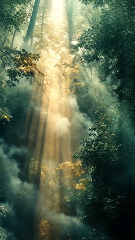 sunlight filtering through dense forest canopy in tranquil atmosphere