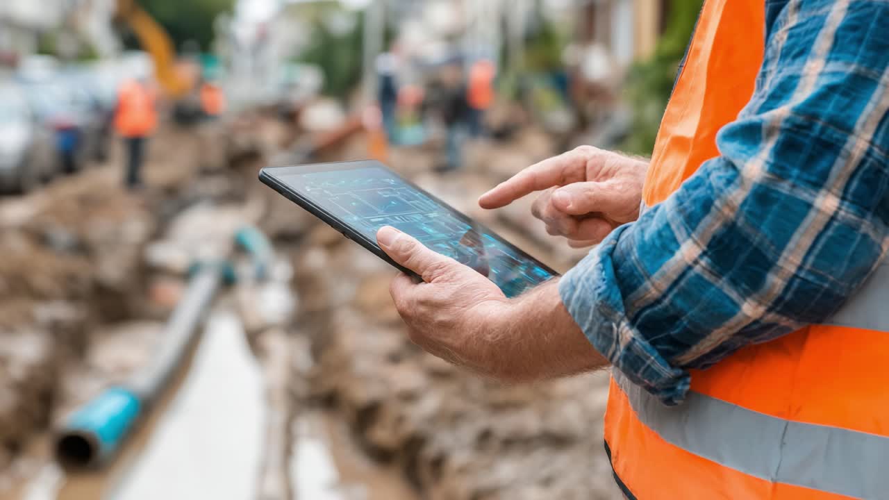 A construction worker analyzes project data on a tablet while overseeing excavation work, demonstrating modern technology's role in infrastructure management and communication