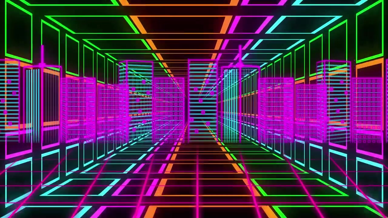 Tunnel urbano cyberpunk al neon con griglie luminose