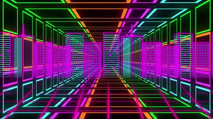 Neon Cyberpunk Cityscape Tunnel with Glowing Grid Lines