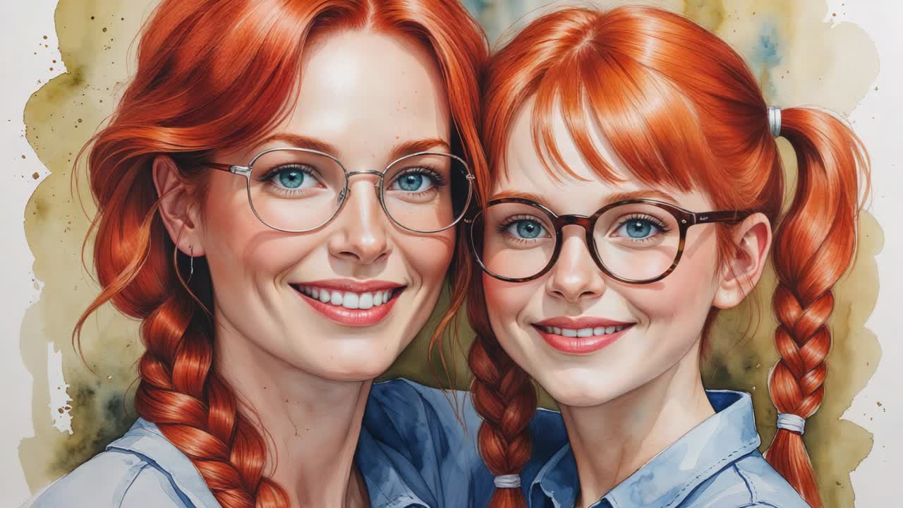 Recording starting mother and daughter smiling in studio, wearing blue shirts and glasses