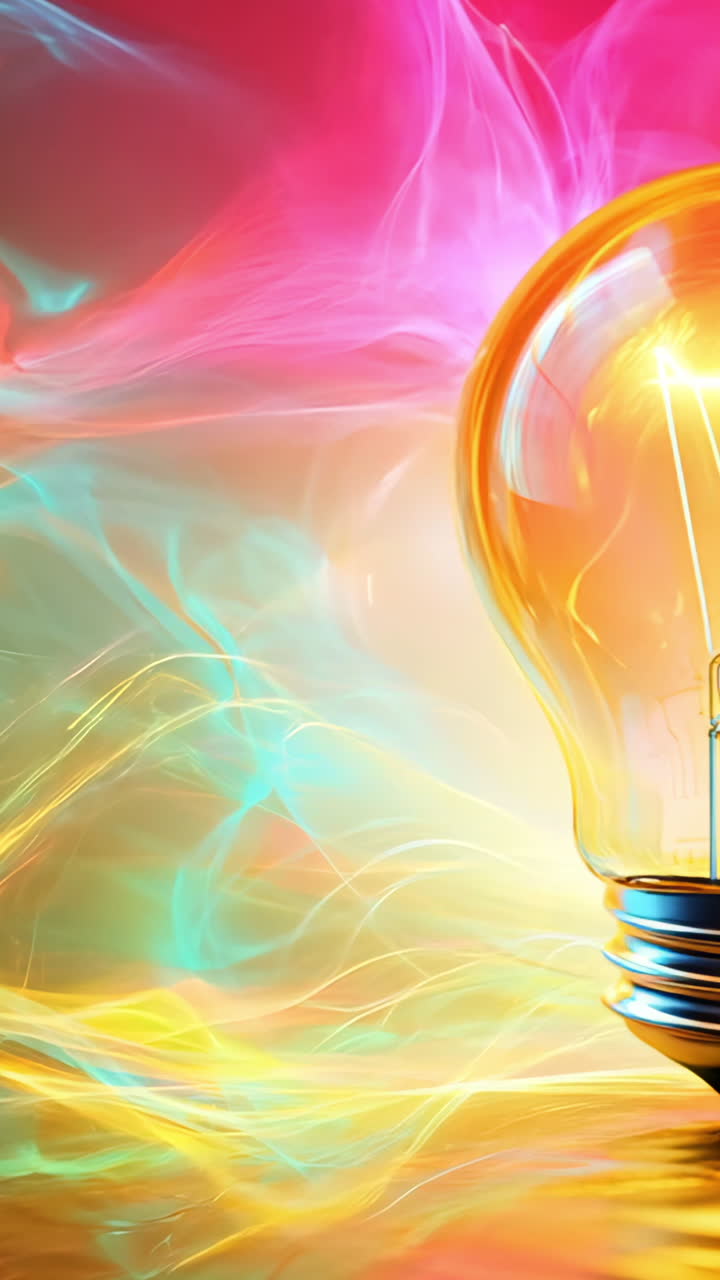 A light bulb is floating in a pool of water. The light bulb is lit up and the water is blue and purple