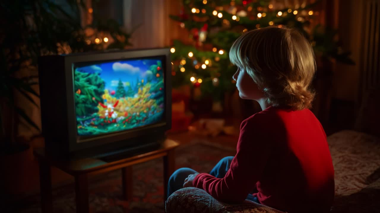 A Child's Magical Evening: Watching a Classic Animation by the Christmas Tree, Capturing Joy and Wonder in a Cozy Home Setting, Perfectly Embracing the Holiday Spirit and Nostalgia