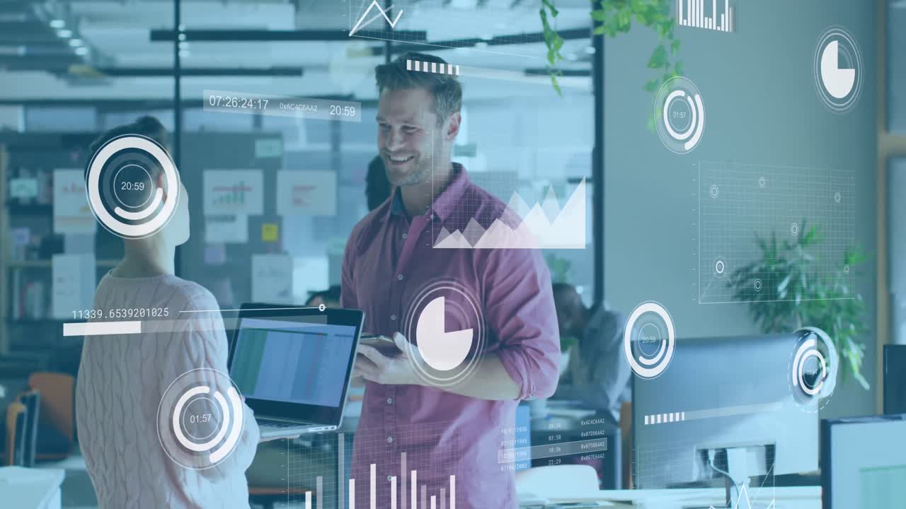 Animation of statistical data processing against diverse man and woman discussing at office