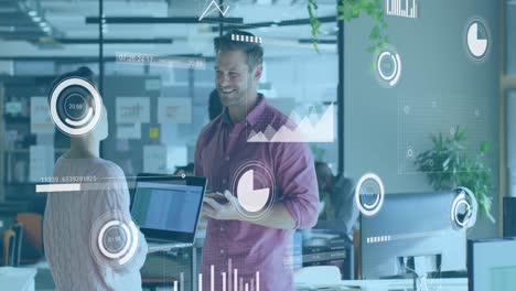 animation of statistical data processing against diverse man and woman discussing at office