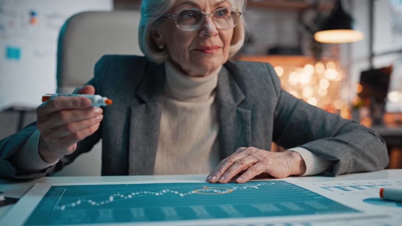 Senior Businesswoman Analyzing Financial Data with Markers and Graphs in a Modern Office Environment, Reflecting Expertise and Strategic Insight in Decision-Making