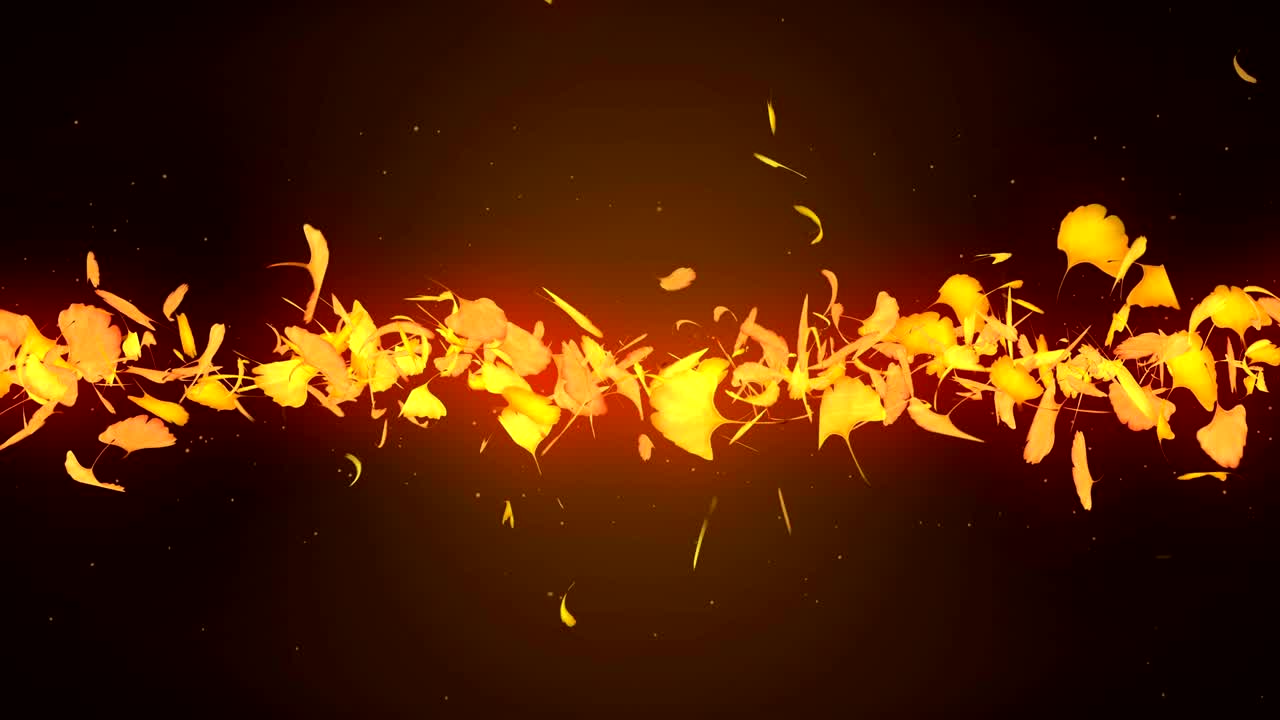 노란색 배경에 떨어지는 가을 잎, 진코 잎, 루프 글리터 애니메이션