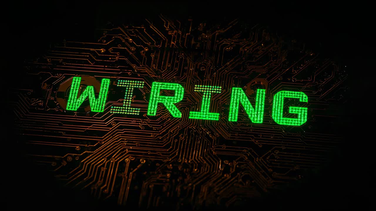 Displaying centered green WIRING text, nodes activating across close-up PCB revealing copper traces