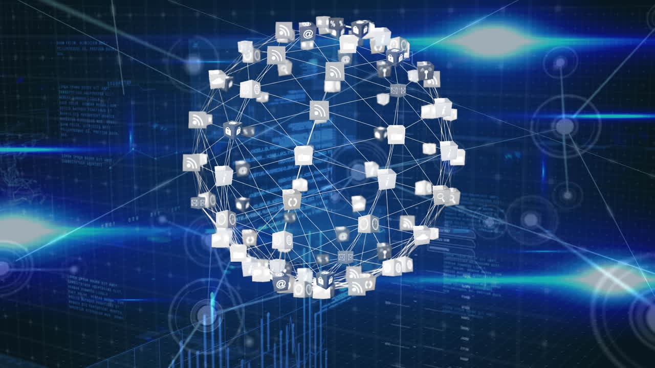 폴더로 만들어진 구의 애니메이션과 연결 네트워크를 통해 데이터 처리