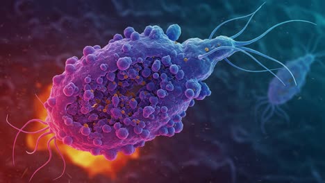 a detailed visualization of a microorganism: stunning 3d renderings highlighting cellular structure and metabolic activity in a vibrant color palette