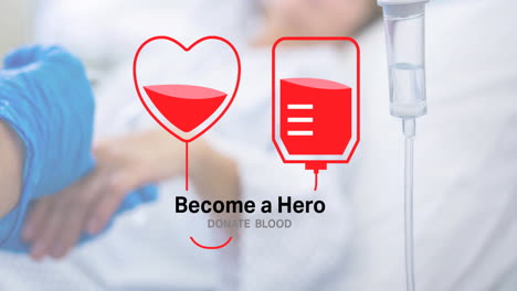 animation of become a hero donate blood text over doctor taking blood sample