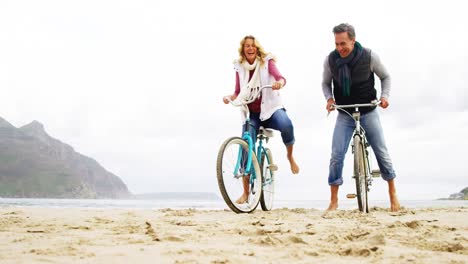 happy mature couple riding their bicycle