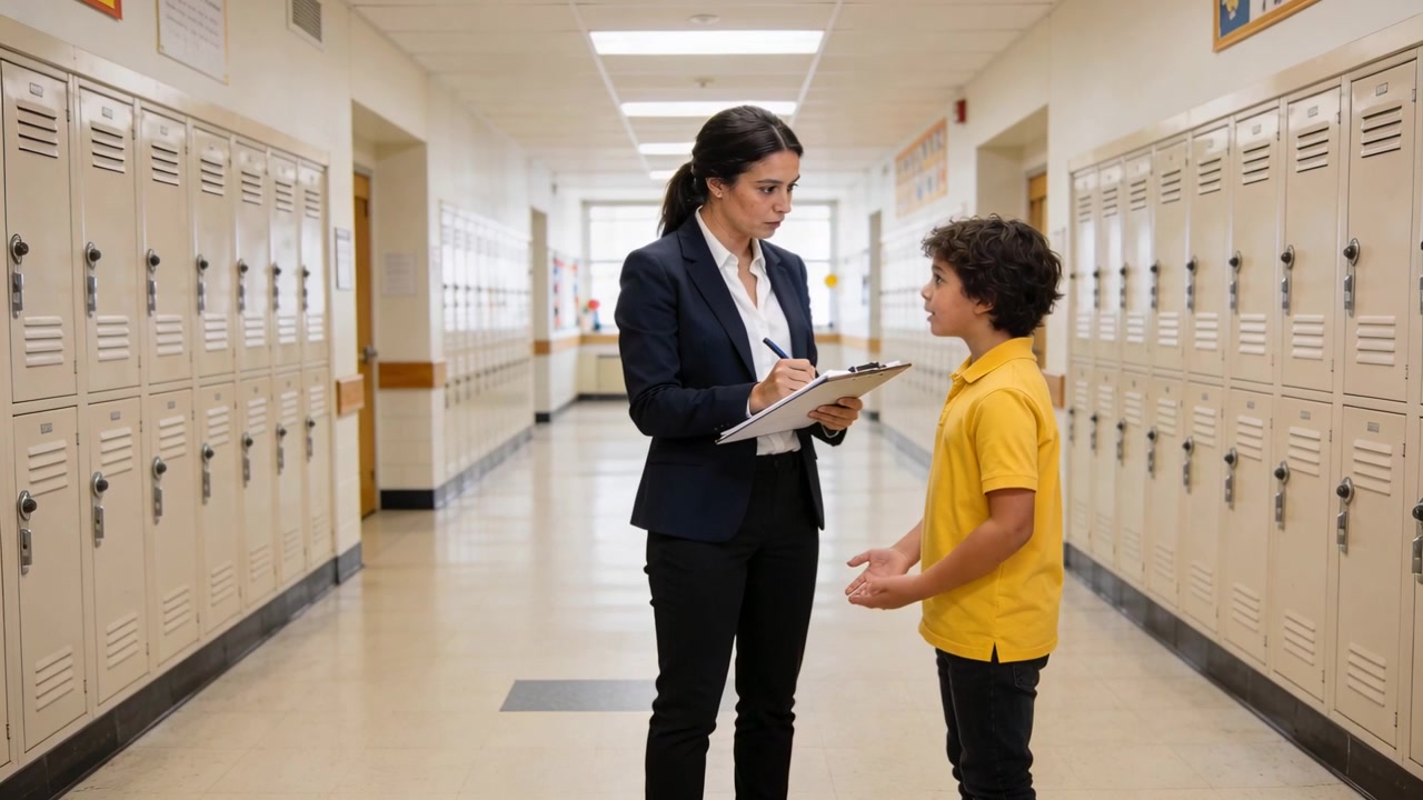 Noting clipboard, staff in blazer conducting hallway check-in while student in yellow polo speaking