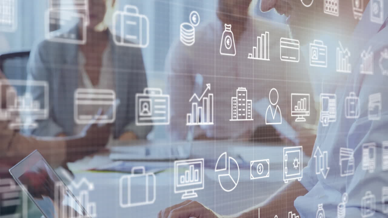 animación de iconos de negocios sobre diversos colegas hablando en la oficina