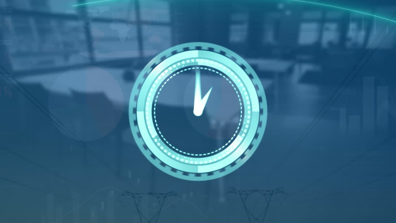 animación de reloj móvil y procesamiento de datos financieros en una oficina vacía
