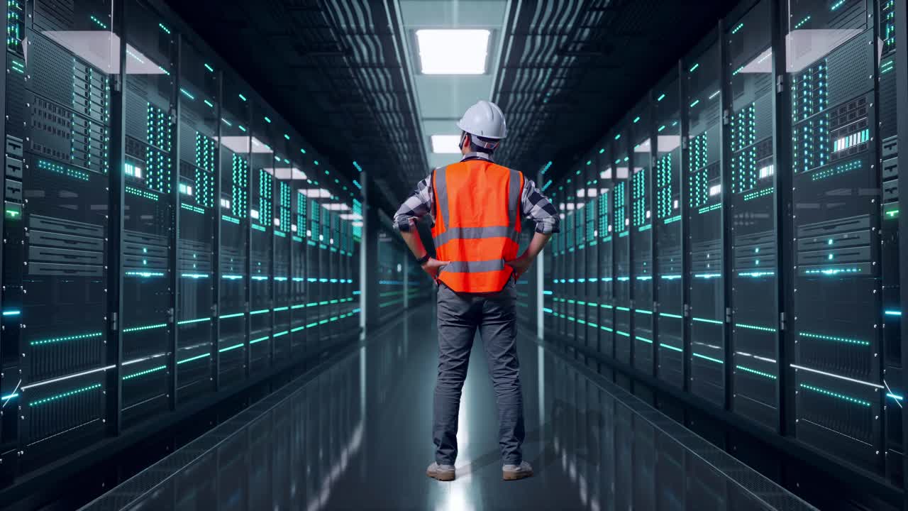 Full Body Back View Of A Male Engineer Wearing Safety Helmet Looking Around While Standing With Arms Akimbo in Server Room Data Center