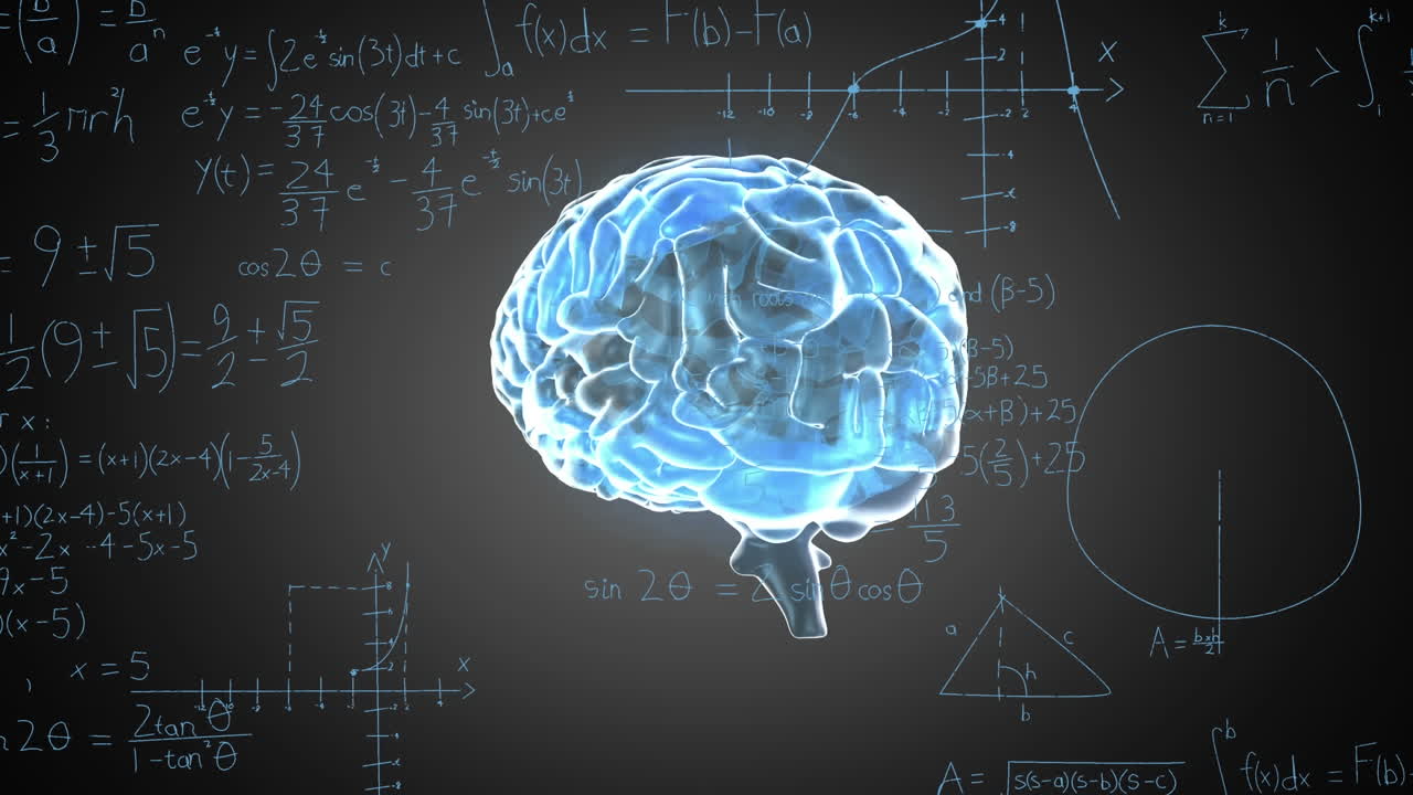 Animation of mathematical equations over spinning human brain icon against black background