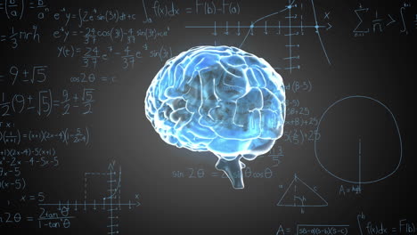 animación de ecuaciones matemáticas sobre el icono del cerebro humano giratorio contra un fondo negro