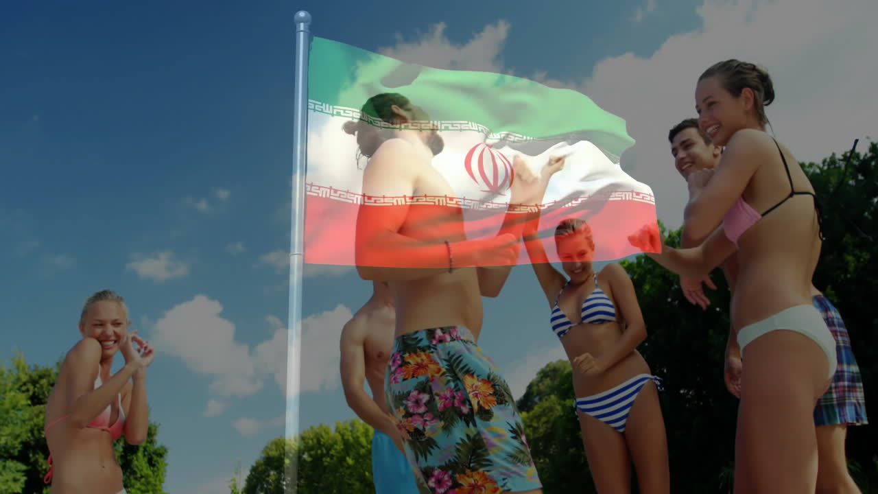 In animation, friends in swimwear with Iranian flag overlaying scene