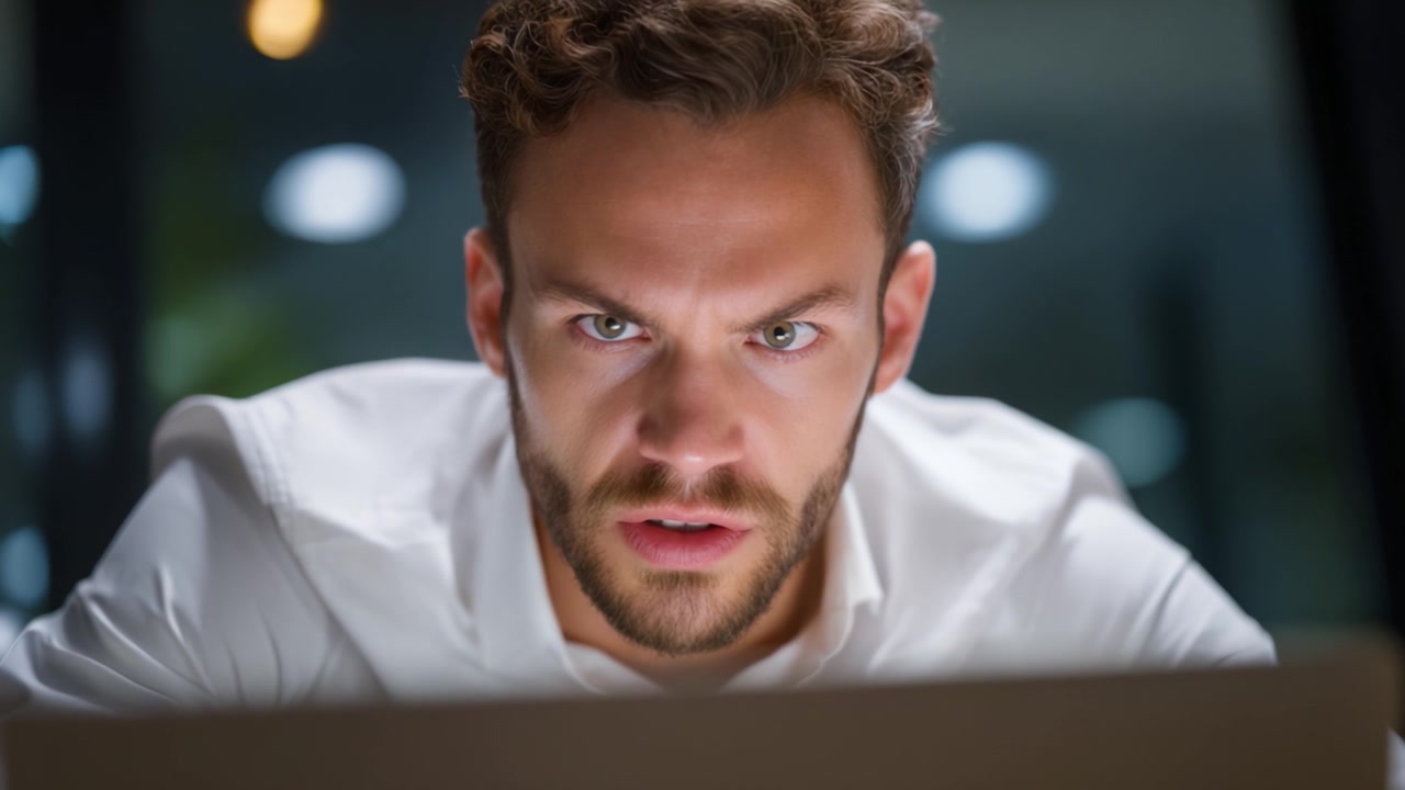Intense Focus: A Close-Up of a Man Concentrating Deeply on His Laptop Screen in a Dimly Lit Environment, Exhibiting Strong Emotions and Determination