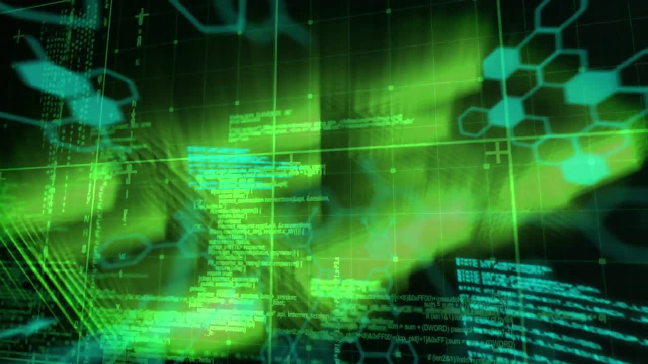 animación de procesamiento de datos y fórmula química sobre luces brillantes sobre un fondo negro