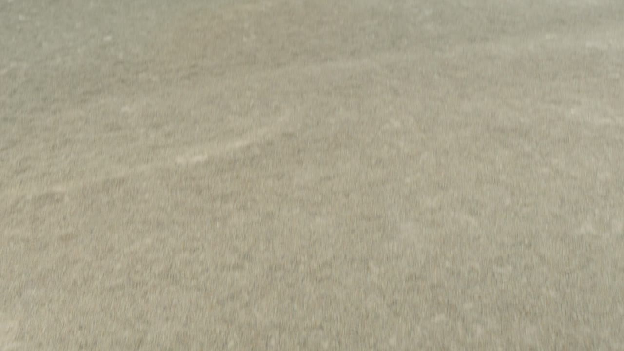Tilt up view at person's barefoot feet, walking on yellow dry sand, Tenerife