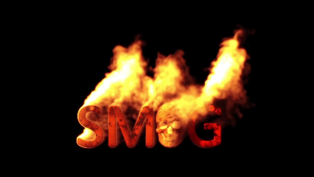 검은 바탕에 불타는 사람의 두개골과 함께 텍스트 스모그, 고립 - 루프 비디오