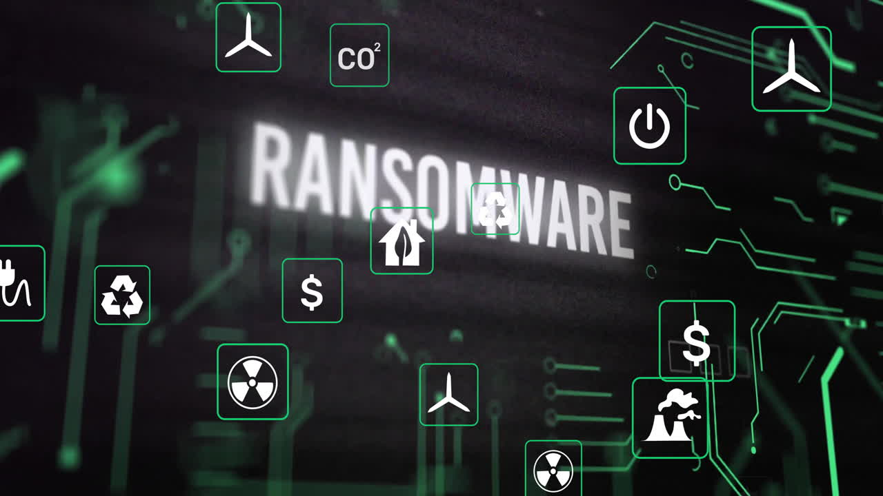 Ransomware text with various icons over digital security threat animation