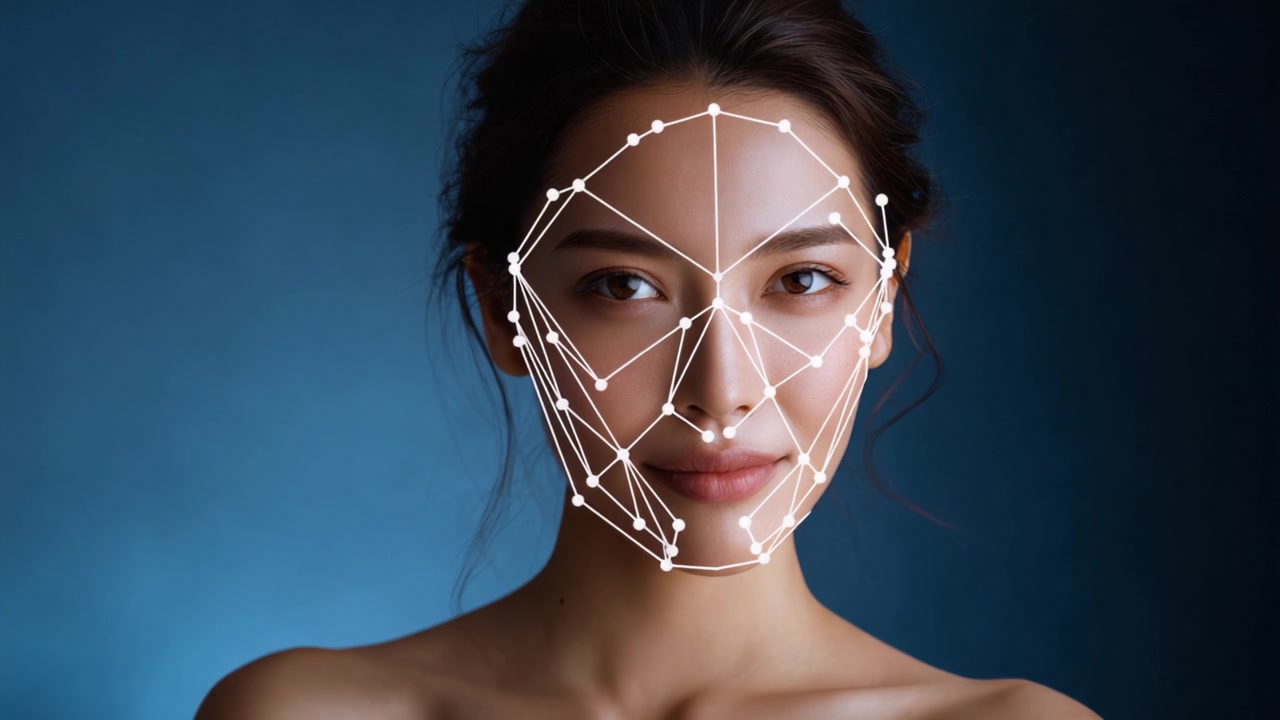 Captivating Portrait of a Woman with Facial Recognition Technology Highlighting Facial Features and Geometry for Enhanced Visual Appeal and Artistry
