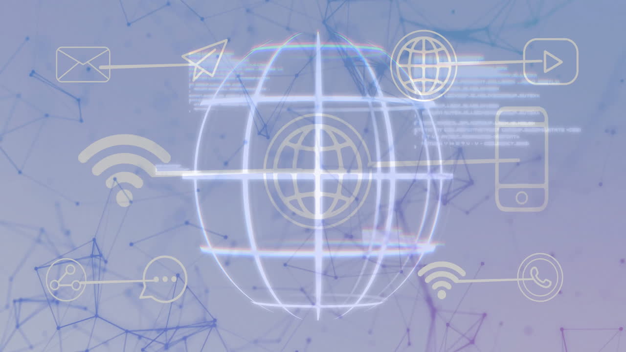 Animation of digital globe with network icons and connections on abstract background