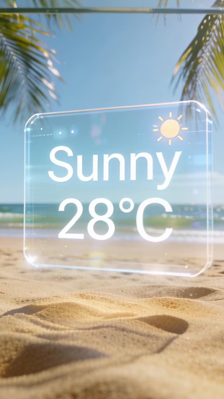 Pystysuuntainen video: Ilmestyvä lasipaneeli ajelehtii ja asettuu trooppisen rannan ylle, näyttäen Aurinkoista 28°C