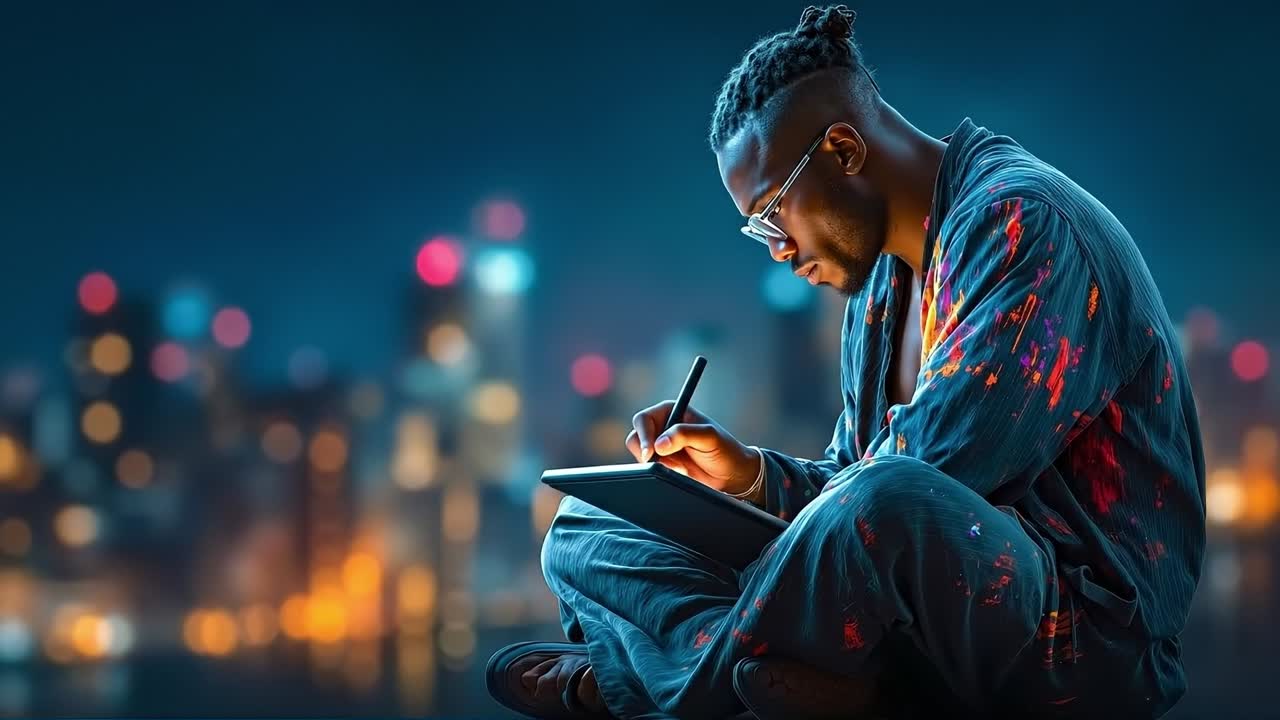 A man sitting on the ground using a tablet computer