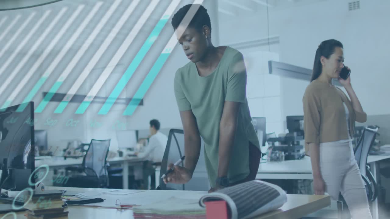 Animation of multiple graphs and globe over african american businesswoman analyzing report on desk