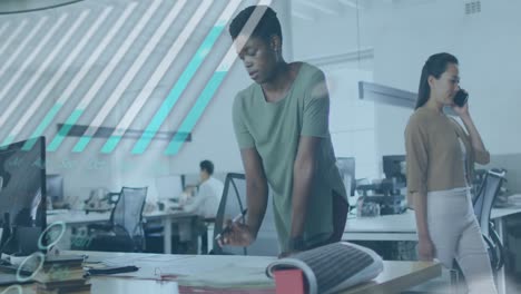animation of multiple graphs and globe over african american businesswoman analyzing report on desk