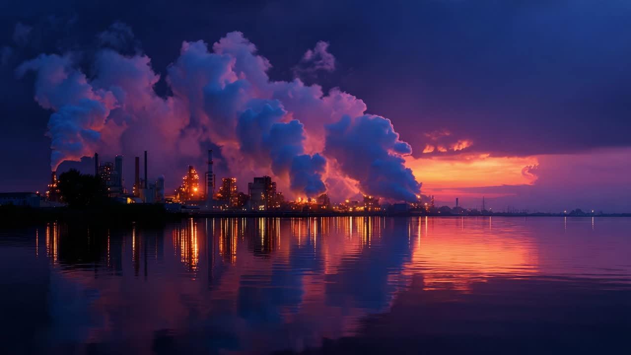 En fantastisk udsigt over industrielle skorstene i silhuet mod en levende solnedgang med bølgende skyer, der reflekteres på en rolig vandoverflade, hvilket illustrerer skønheden og kompleksiteten i industrielle landskaber.