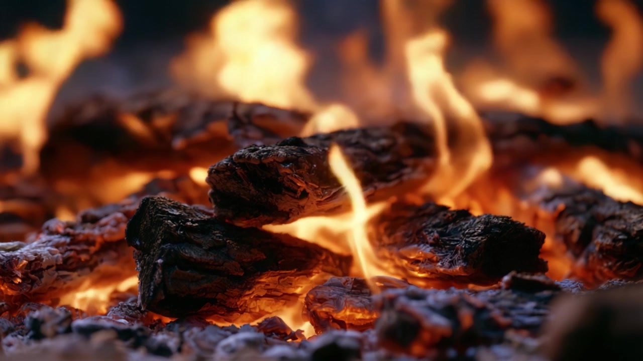 Affascinante danza delle fiamme: Un primo piano di ceppi incandescenti e fuoco tremolante, che rivela la bellezza seducente del calore intenso e del potere elementare della natura.