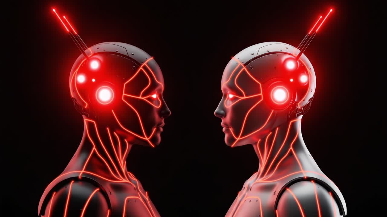Intriguing Contrast between Two Futuristic Robots Displaying Advanced Design Features and High-Tech Elements, Highlighting the Evolution of Artificial Intelligence