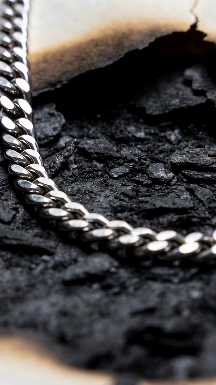 Vertical video: Moving camera revealing silver curb chain on charred surface, showing burnt edge