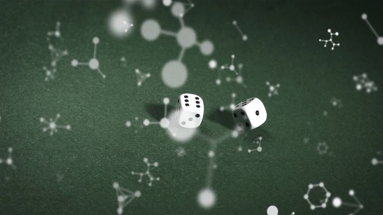 On dice appearing, two dice rolling on green felt, drifting molecular diagrams showing chance
