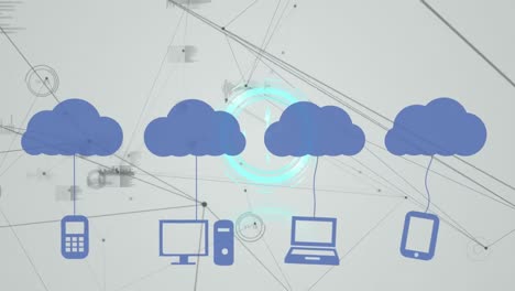Animation-Einer-Uhr-über-Digitalen-Wolken-Mit-Elektronischen-Geräten-Und-Netzwerk-Von-Verbindungen