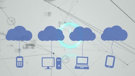 animation of clock over digital clouds with electronic devices and network of connections