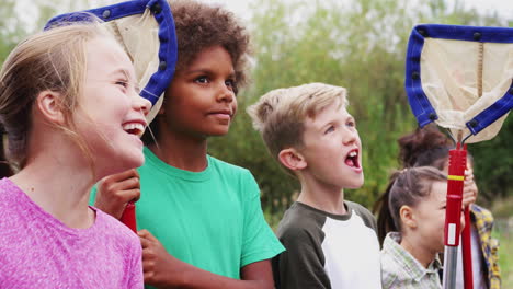 children being shown how to catch and study pond life with nets at outdoor activity camp