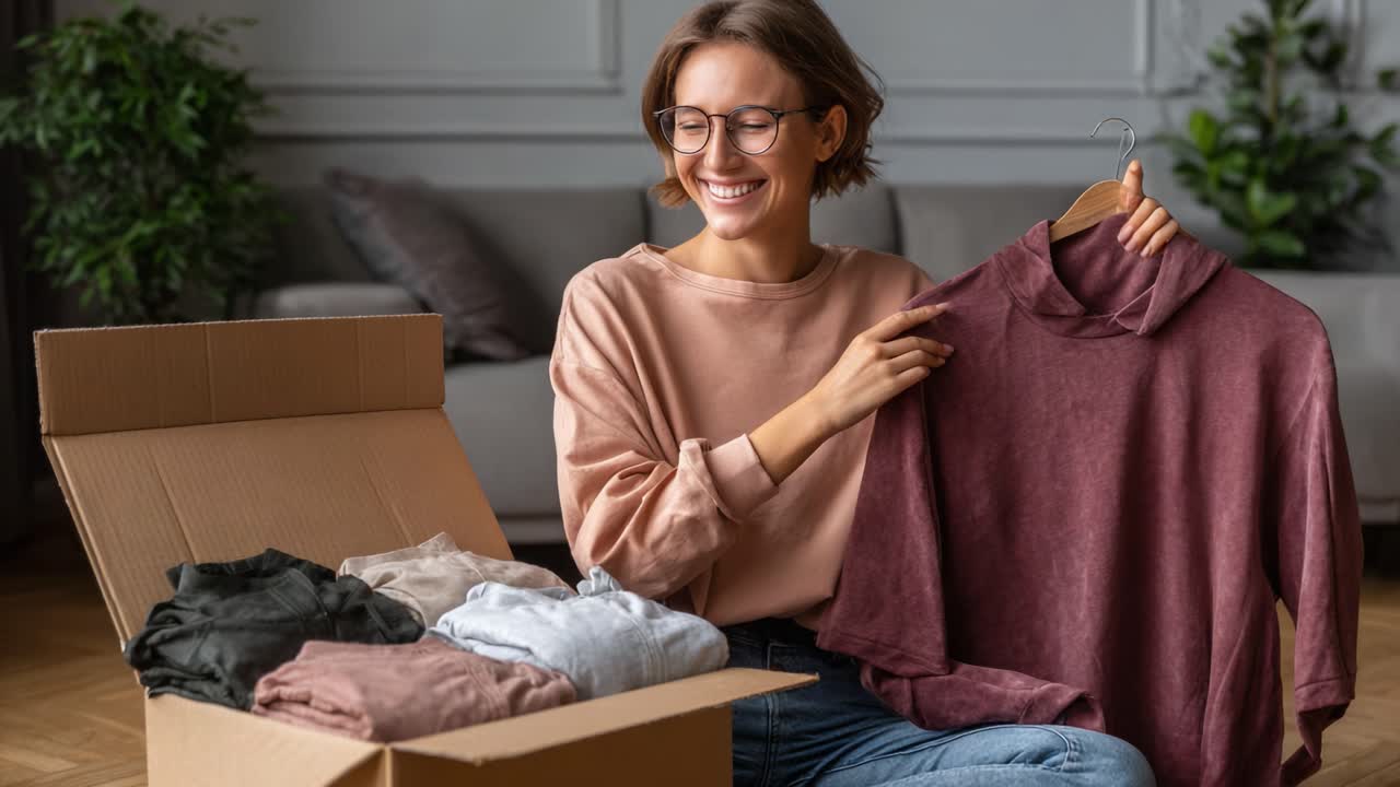 Excited Woman Unboxes Stylish Fashion Apparel, Showcasing a New Wardrobe of Trendy Clothing Items from a Recently Delivered Package