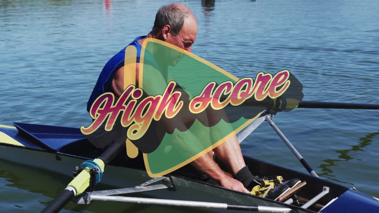 Senior man rowing single scull on calm water, showing animated fitness High score overlay