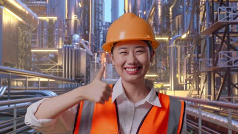 Close Up Of Asian Female Engineer With Safety Helmet Smiling And Showing Thumbs Up Gesture To The Camera While Standing At A Vast Oil Refinery