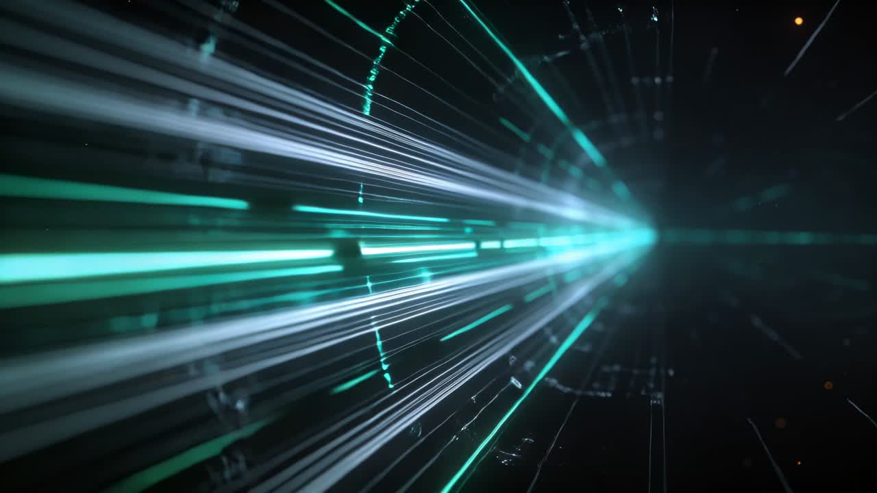 Telecamera che avanza in un tunnel di dati, mostrando strisce e bande verde acqua, anelli HUD e un punto di fuga.