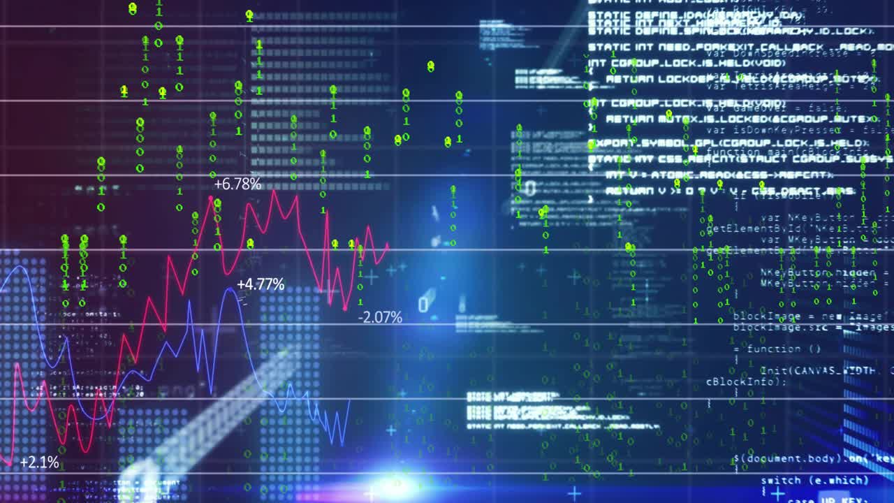 Falling binary streams sparking line graphs expanding beam highlighting peaks showing market trends
