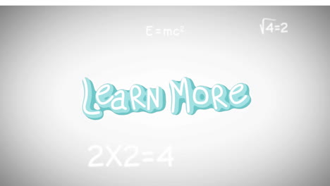 animation of learn more text banner and mathematical equations floating against grey background