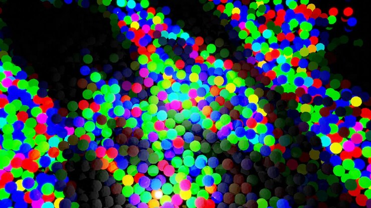 Bulbs start to glow forming pattern like abstract chrismas garland. Multicolor waves runs across balls like in christmas garland, 3d abstract looped background with lot of gray spheres lay on plane.