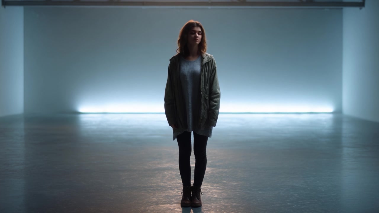 A solitary figure stands in a minimalist space, illuminated by soft light, evoking emotion and introspection in a serene, artistic environment.